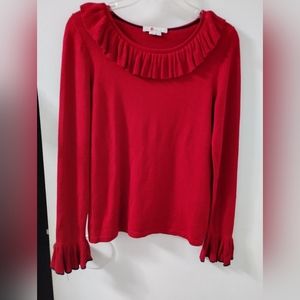 Boden Women's Size 2 Pullover Sweater Red Long Sleeve Bell Cuff Ruffled Collar